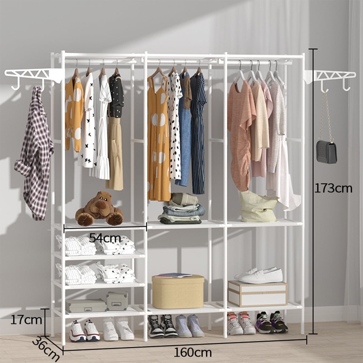 Clothes Rack with 3 Hanging Rods, 63" Extra Large Capacity Wardrobe with Shelves