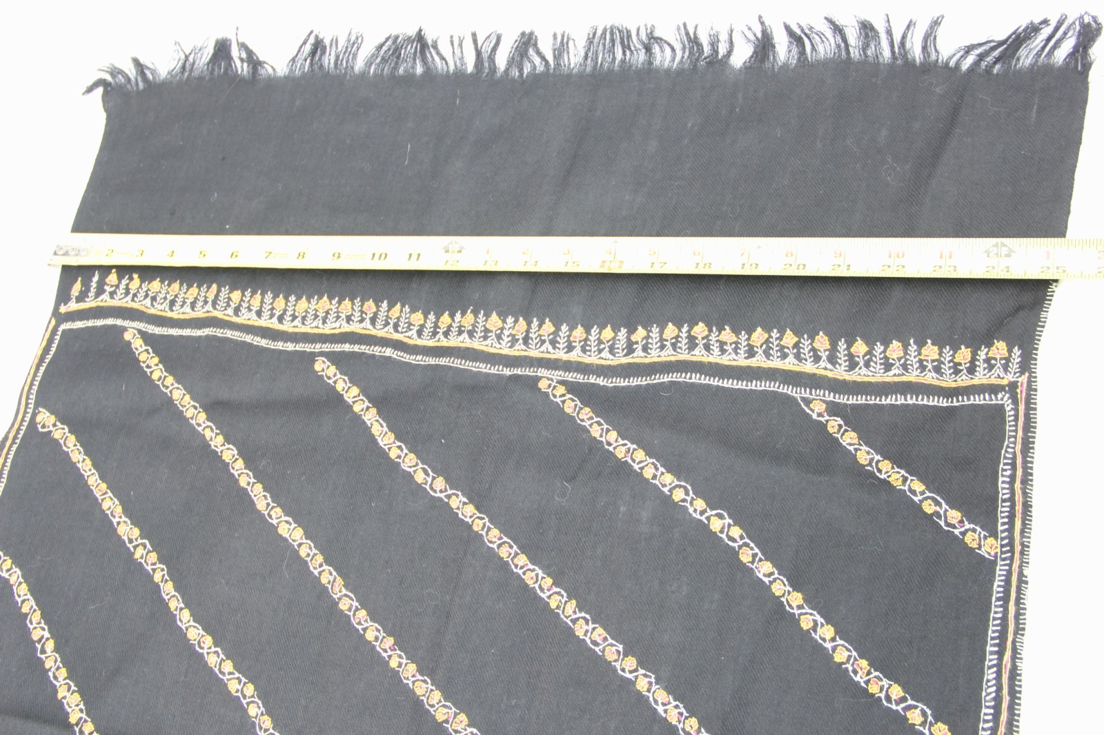 Wool Large Throw/Shawl Black Embroidered Trim and Fringe 76"x25"
