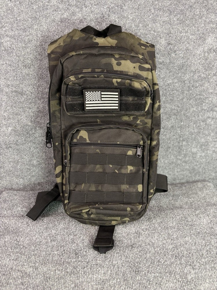 Tactical Backpack 1.5L Black Camo Carrier MOLLE w/ US Flag Patch EUC