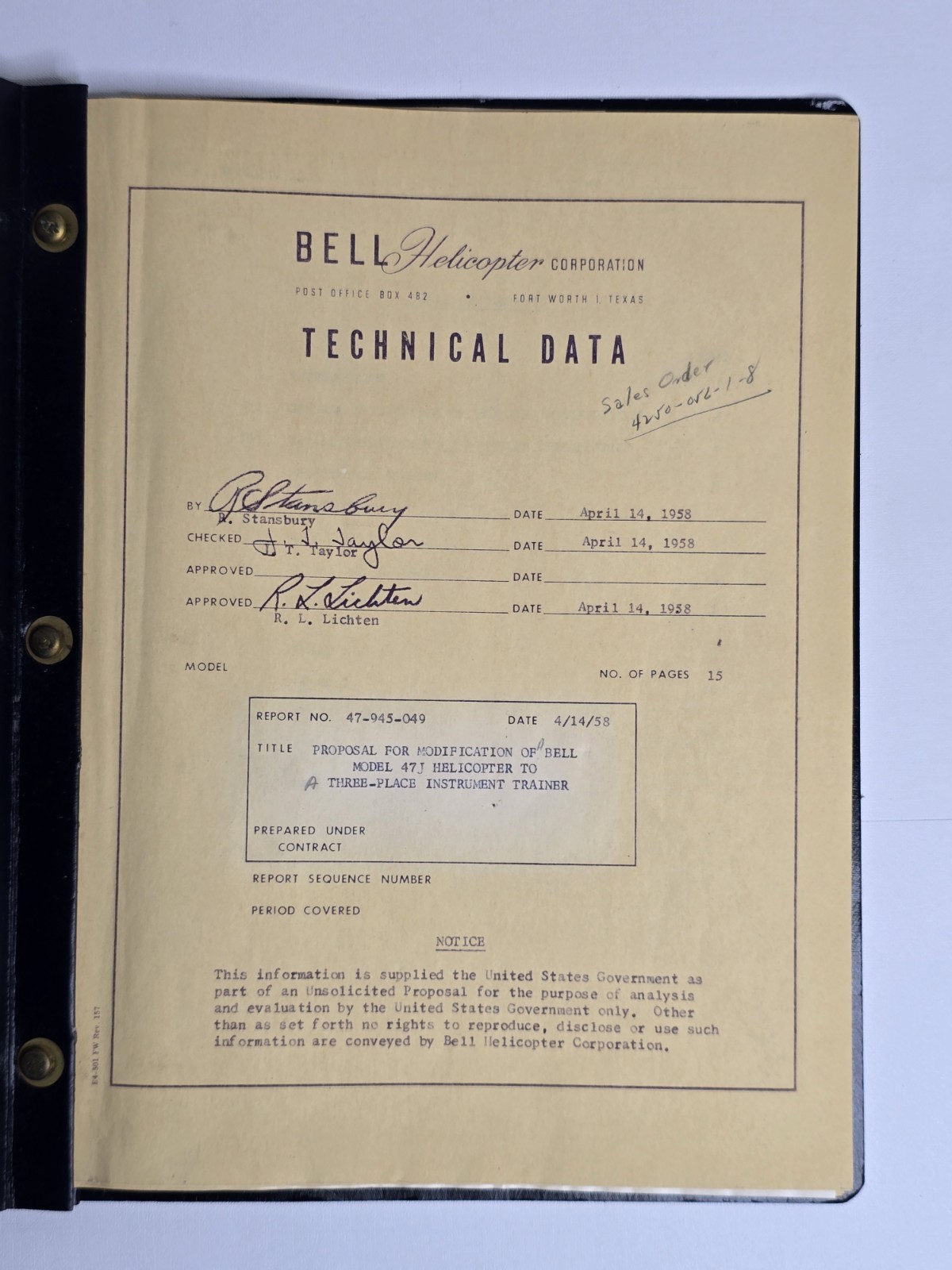 Rare 1958 Bell Helicopter Proposal Report 47-945-049 Jeffrey Evans Archive