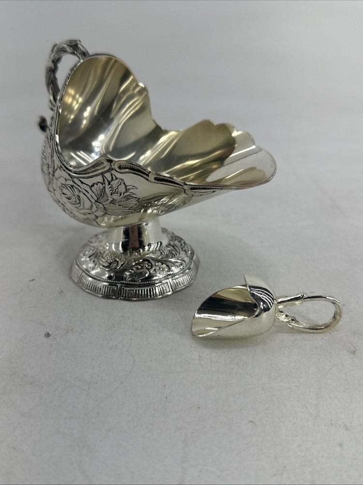Vintage Silver Plated Sugar Scuttle Bowl Raised Floral Pattern With Spoon