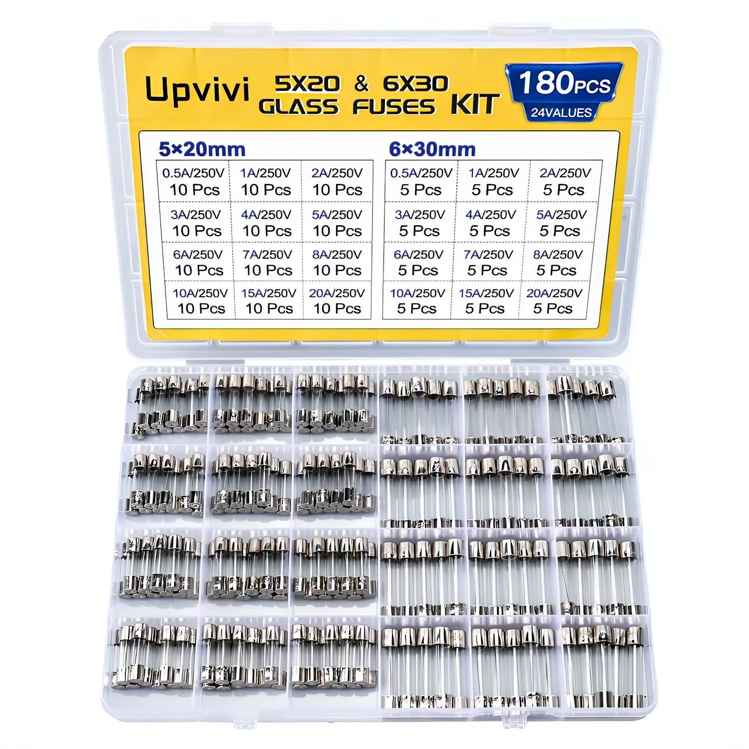 Fast Blow Glass Fuse Assortment Kit, 24 Values Glass Fuses 250V 5x20mm 0.5A NEW*