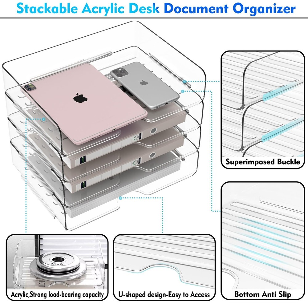 Paper Organizer Letter Tray, 4 Pack Acrylic Stackable Desk File Organizer,Cle...