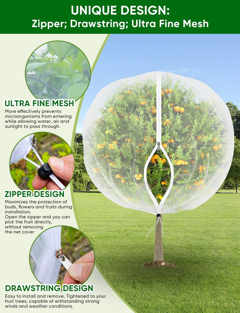2 Pack 5.3x8Ft Fruit Tree Netting with Zipper & Drawstring for Garden Plants
