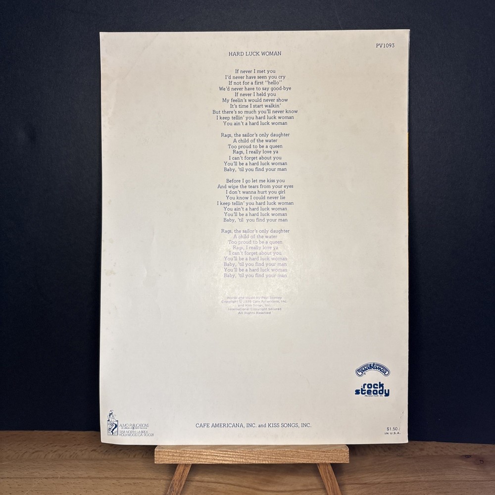 Rare VTG KISS Hard Luck Woman Sheet Music Almo Publications Made USA Cafe Rock