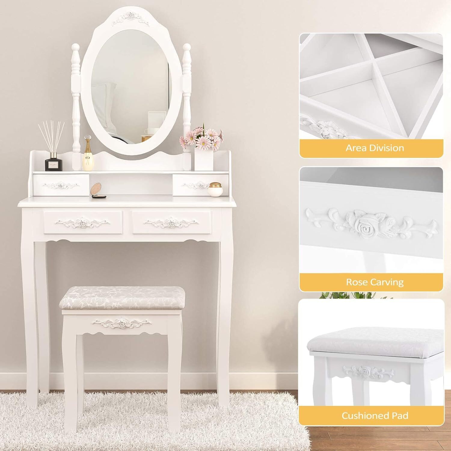 Vanity Makeup Dressing Table Stool Set w/4 Drawers& Mirrors Wood Desk White