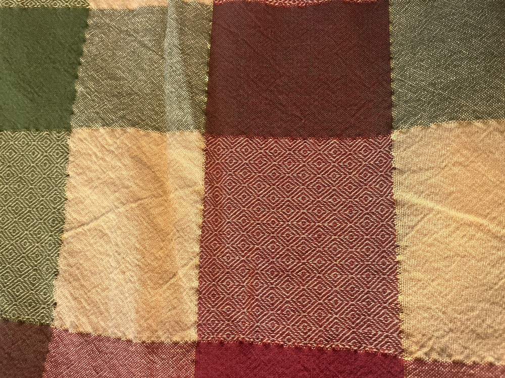 Square Pattern Fall Color Gold Table Cloth. Squares Framed By Gold Sting. READ