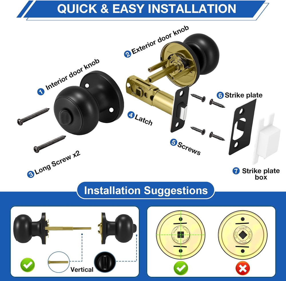 8-Pack Matte Black Interior Door Knobs – Round Ball Privacy Knobs with Lock