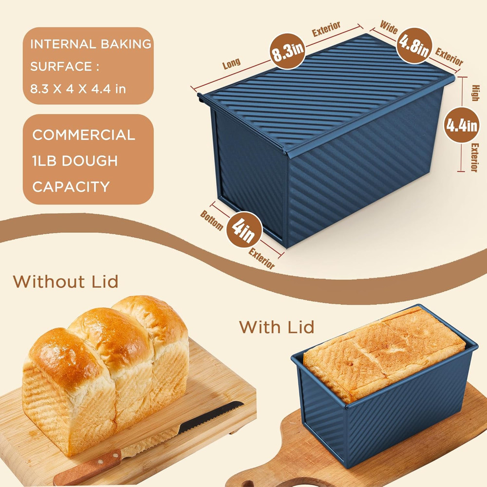 Pullman Loaf Pan with Lid, 1 Lb Dough Capacity Non-Stick Bakeware for Baking Bre