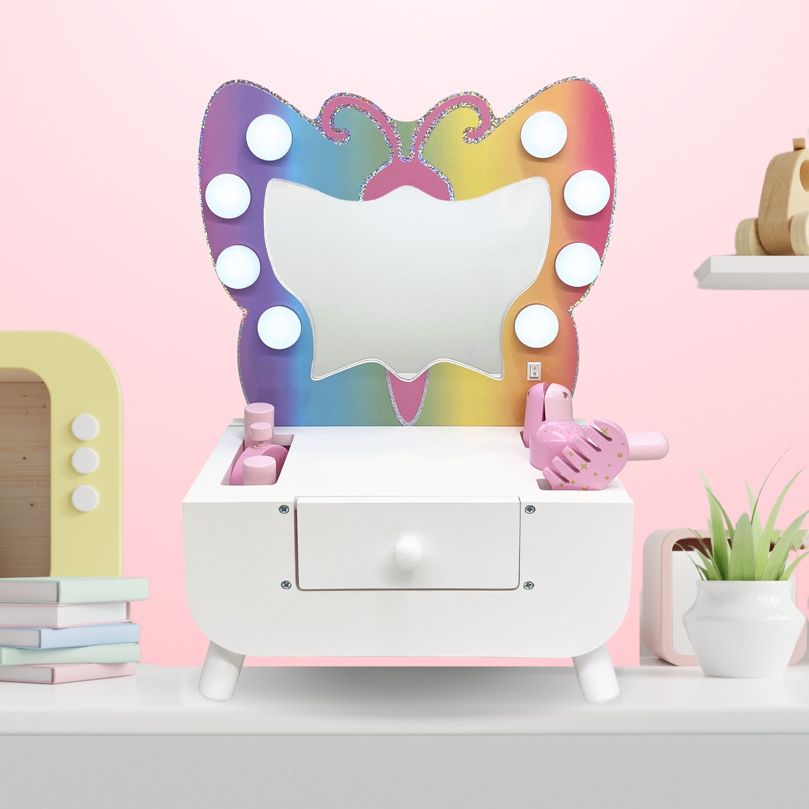 Teamson Kids Colorful Butterfly-Shaped Tabletop Vanity with Illuminated Mirror
