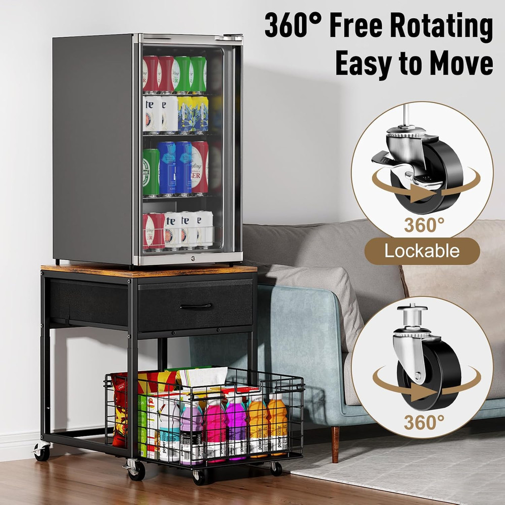 Mobile Mini Fridge Stand with Storage, Height-Adjustable Mini Beverage Fridge Ta