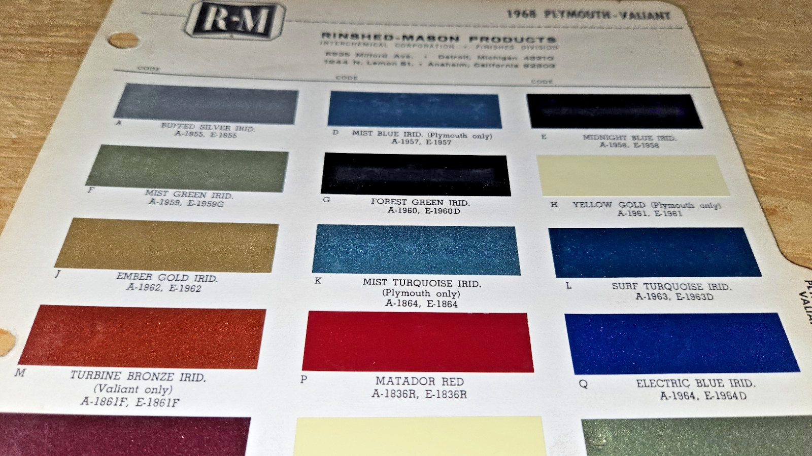 1968 PLYMOUTH Paint chips RM VALIANT BARRACUDA BELVEDERE FURY GTX SATELLITE chip