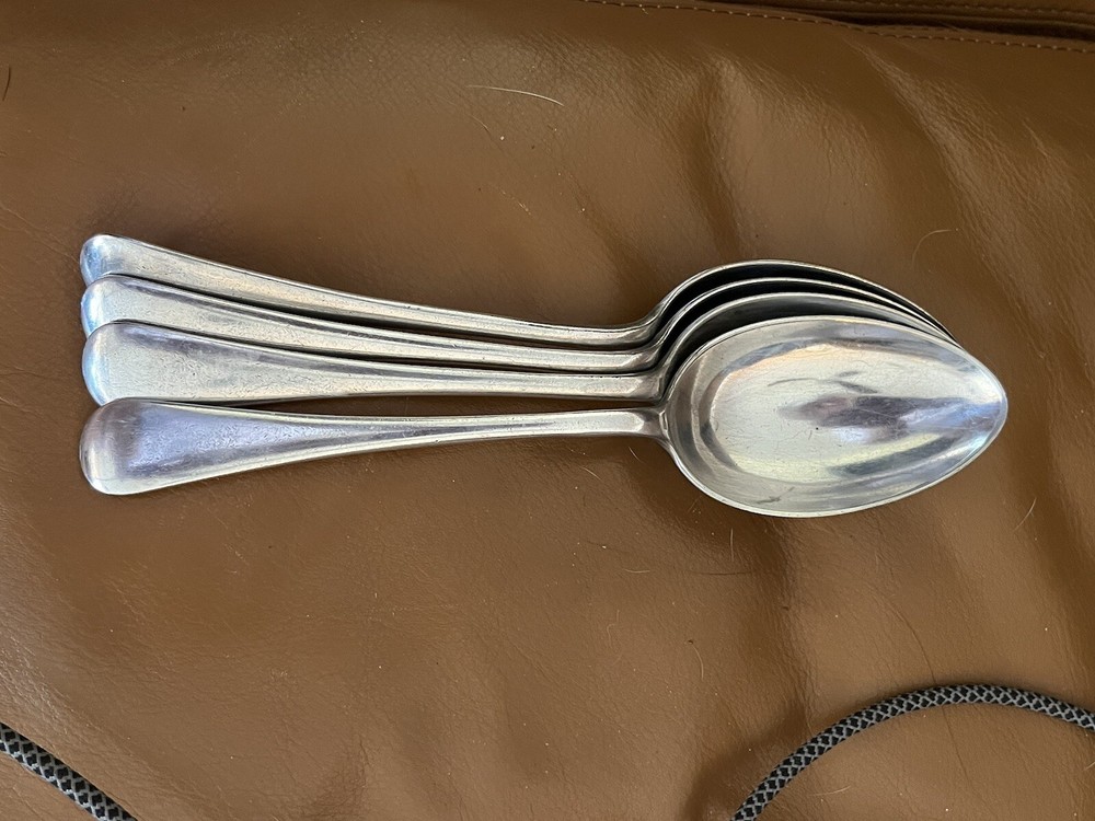4 Meader antique silver plated 8 1/8” Tablespoons, English pattern