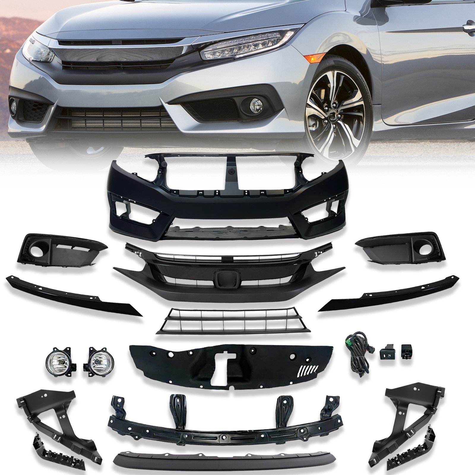For 2019-21 CIVIC 16x Front Bumper Grill Fog lights Brackets Radiator Cover Kits