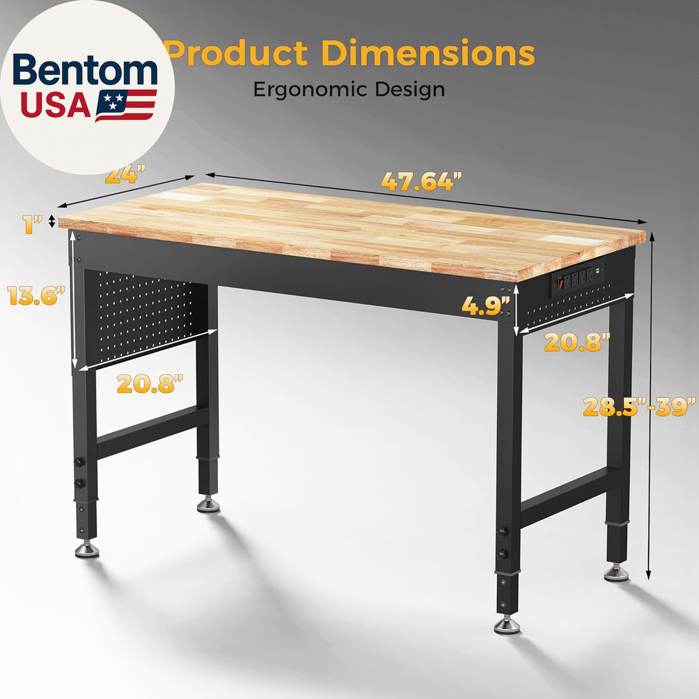 48" Adjustable Heavy Duty Workbench, 2000 LBS Load Capacity Rubber Wood Work Tab