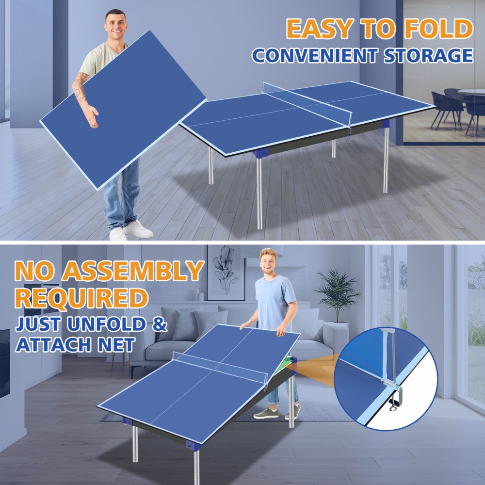 Folding Blue Portable Ping Pong Table Top with Net Posts Indoor