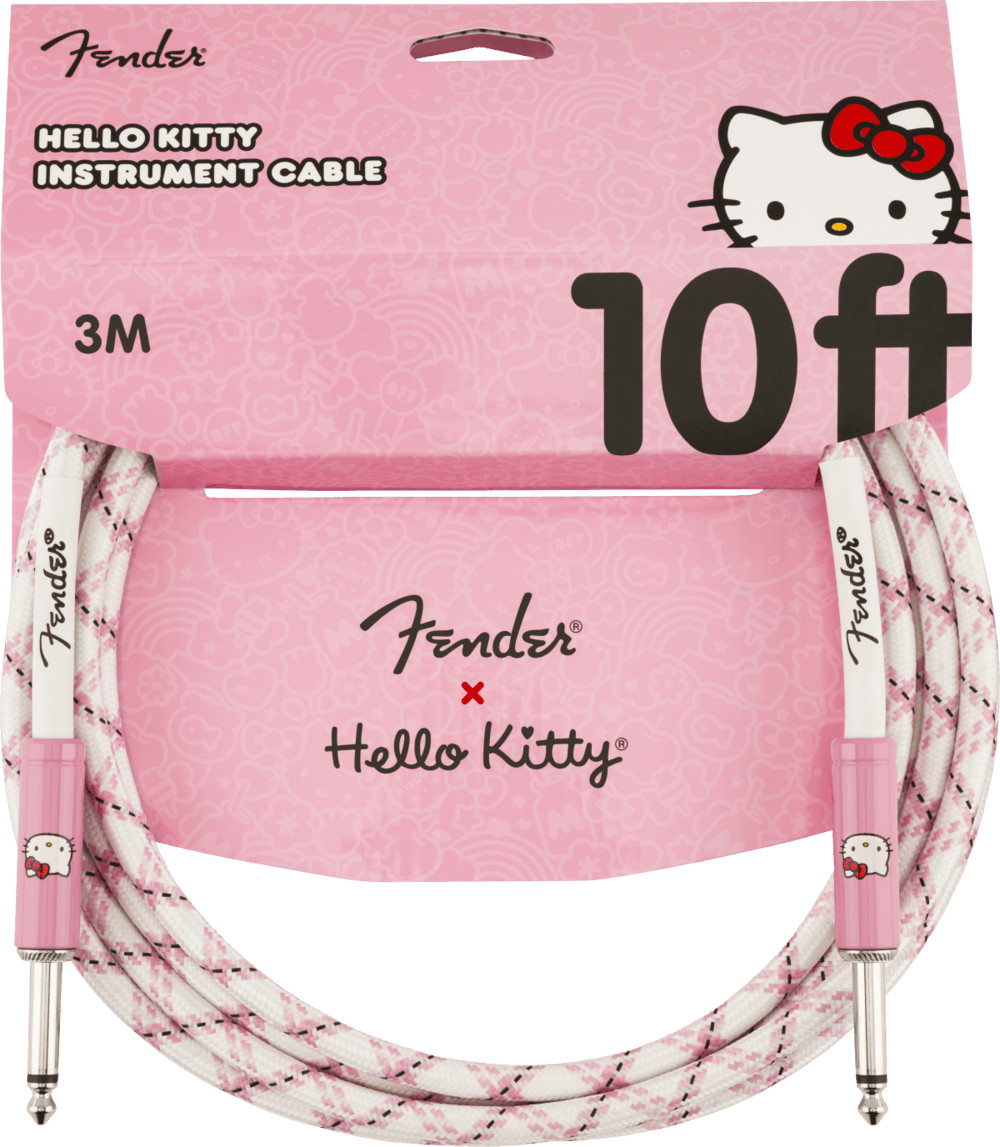 Fender X Hello Kitty Official 10' ft Instrument/Guitar Cable, Woven White/Pink
