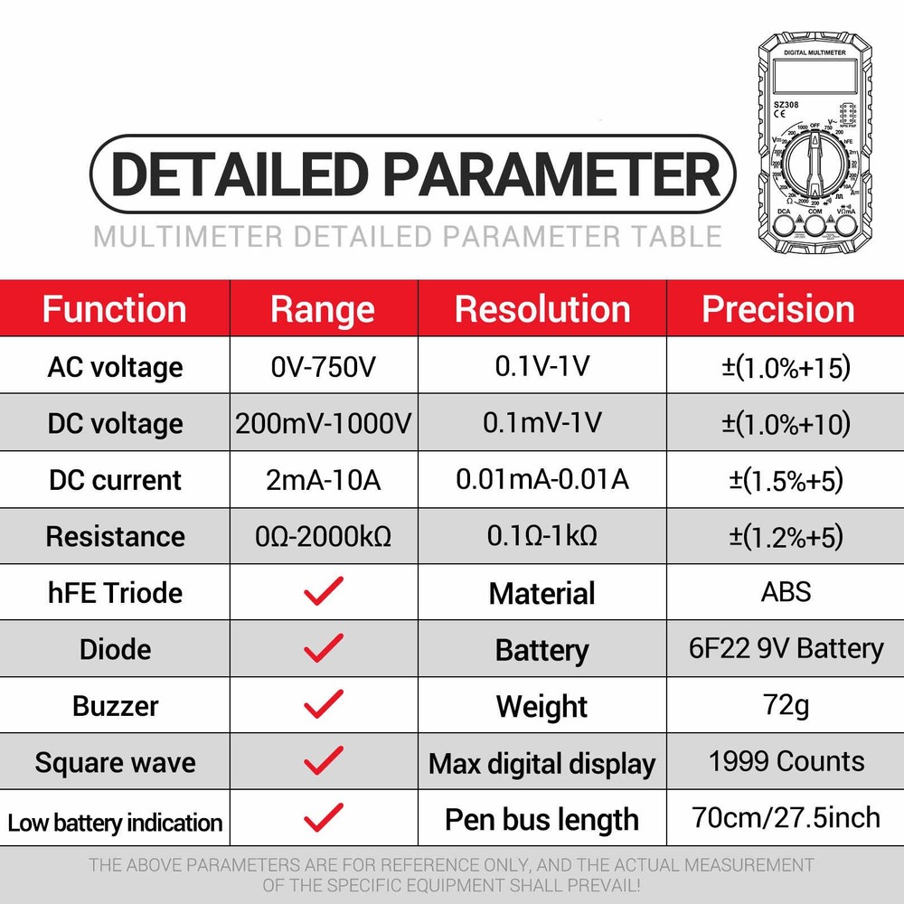Digital LCD Multimeter Volt Ohm Meter for AC DC Voltage and Current Measurement