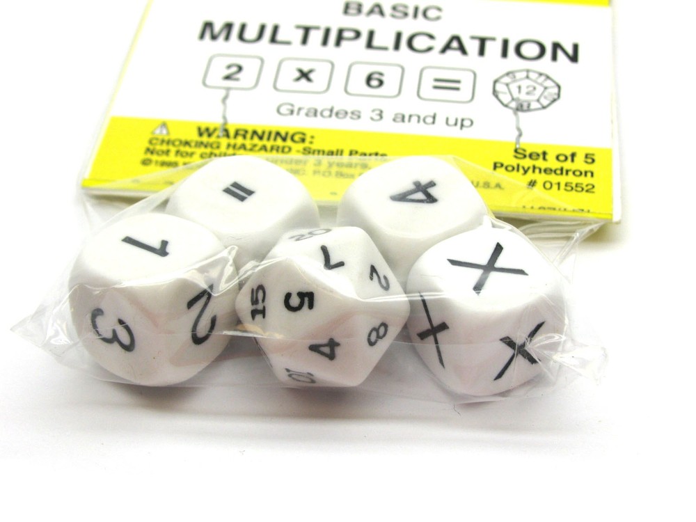 Pack of 5 Basic Multiplication Math Dice Kit - White with Black