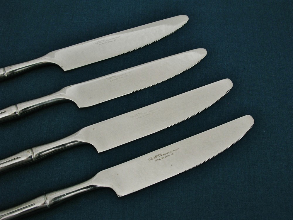 HAMPTON - BAMBOO - STAINLESS FLATWARE - (4) 8 7/8" NEW FRENCH SOLID KNIVES