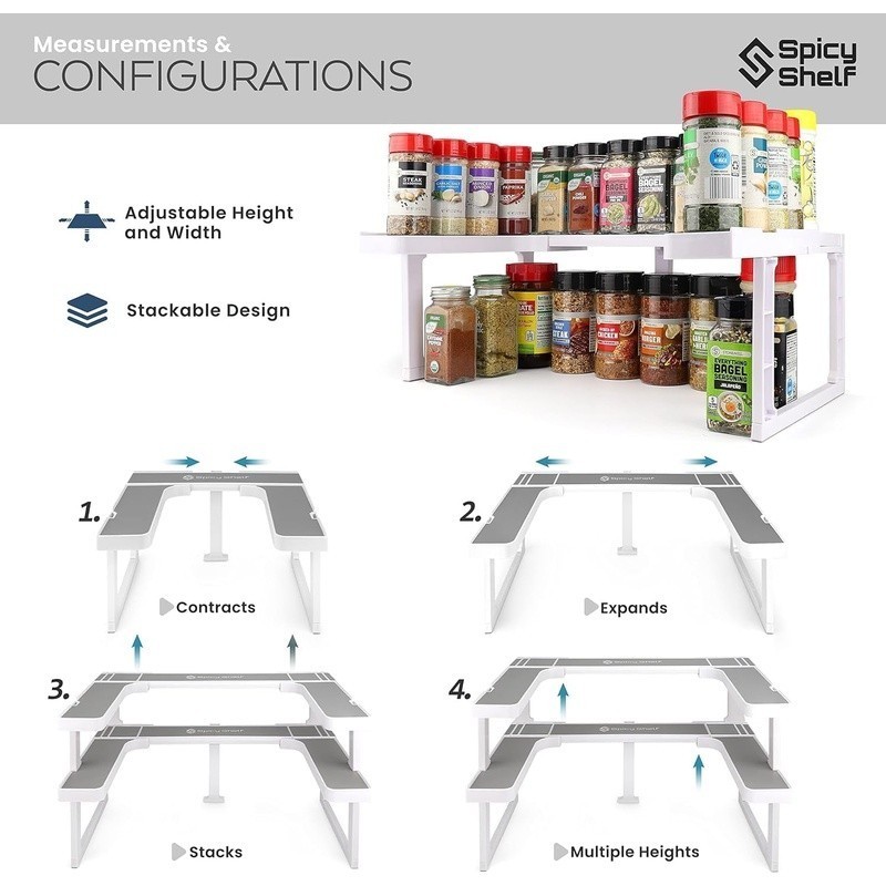 Stackable Shelf Organizer Adjustable 2 Tier Non Slip Spice Storage Holds 64 Jars