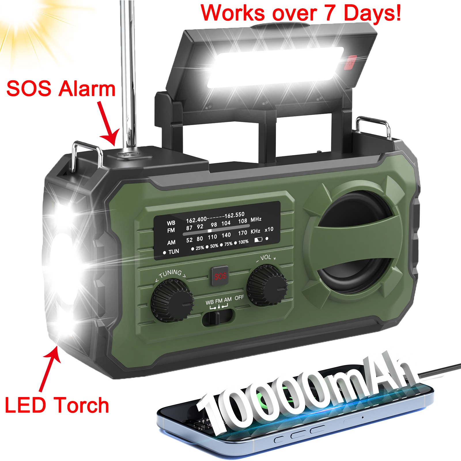 100000mAh Emergency Solar Hand Crank Weather Radio Power Bank Charger Flashlight