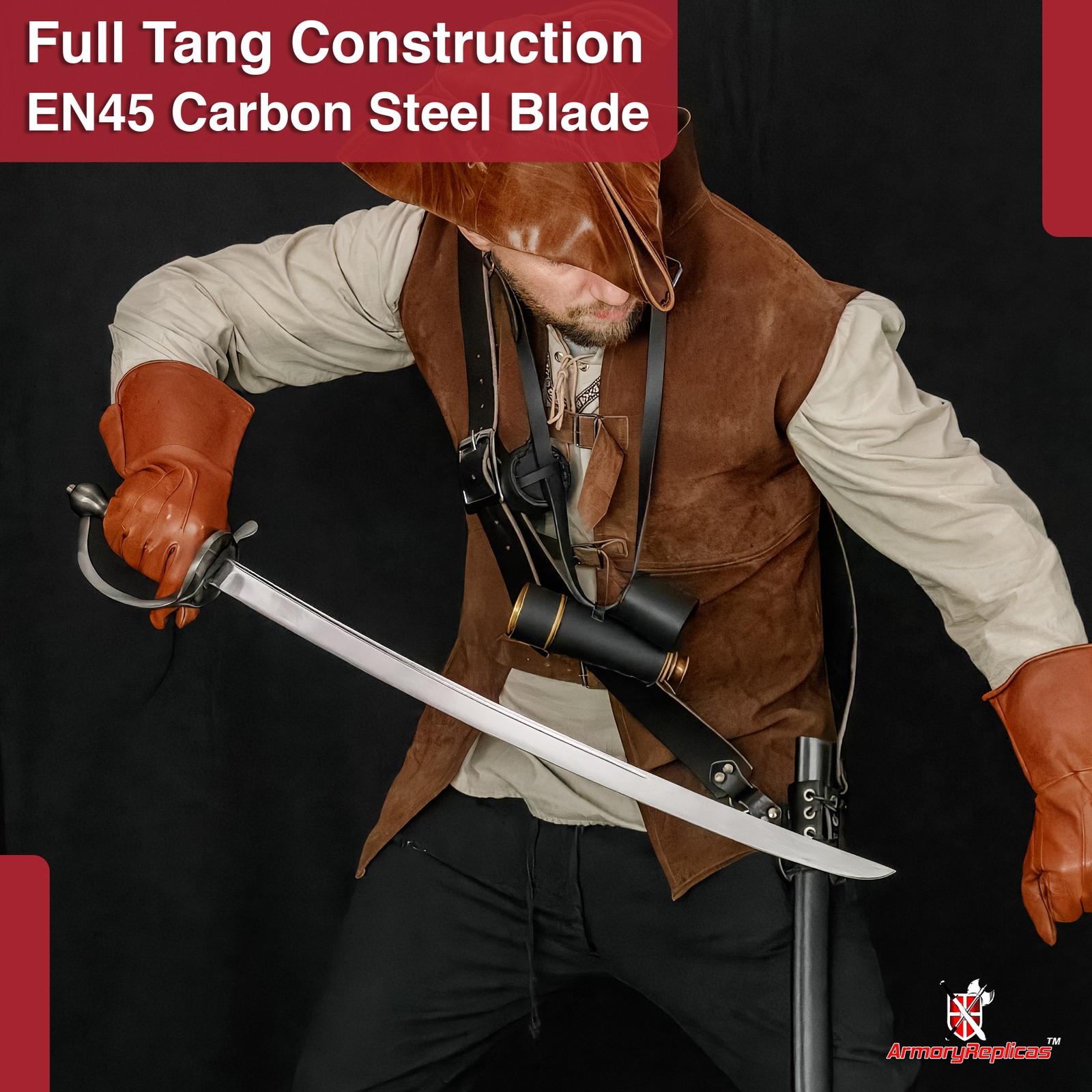 Battle Ready Pirate Cutlass Sword 31" Full Tang Carbon Steel Replica w/Scabbard