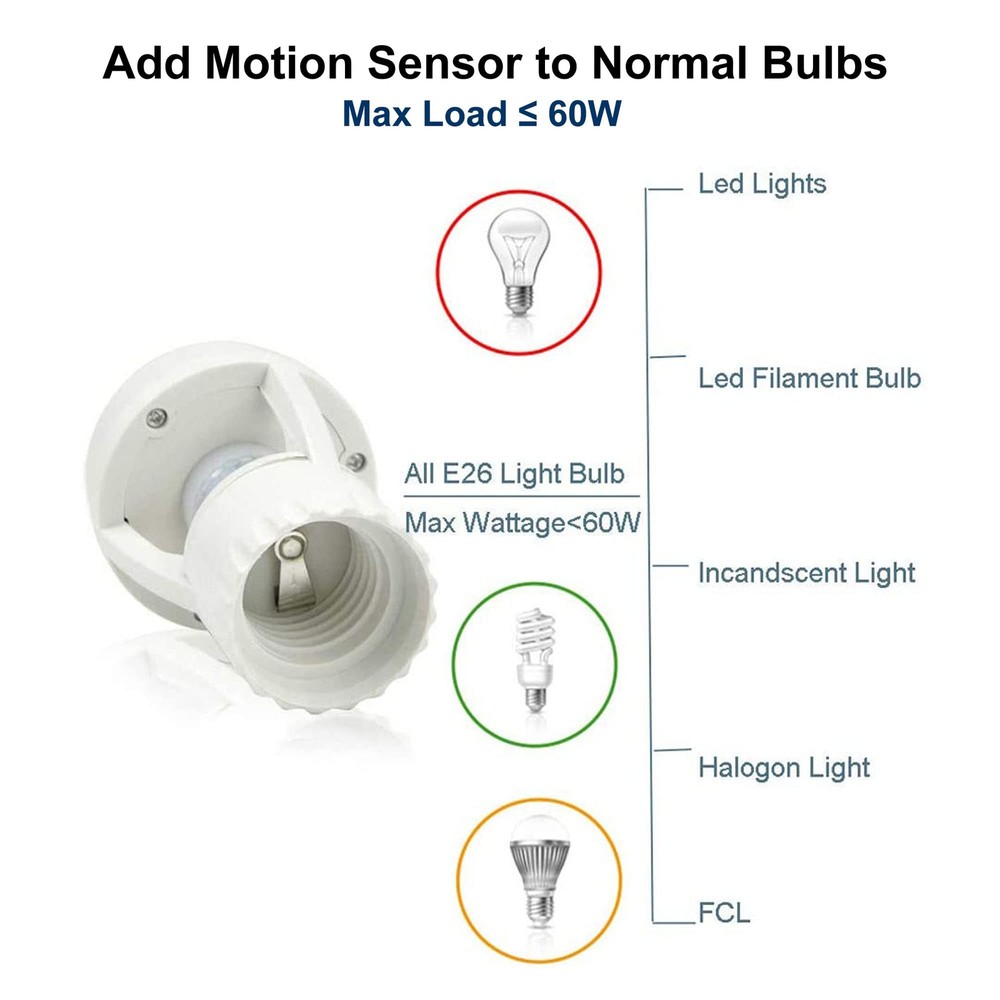 2 pack Screw-In Motion Detector Sensor Light Socket 360° up to 25' All E26 Bulb
