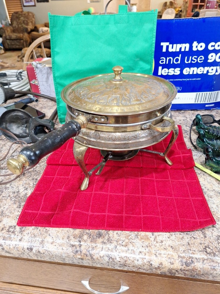 Beautiful Chaffing Dish Cookware - Antique Middle Eastern Brass Tin Lined