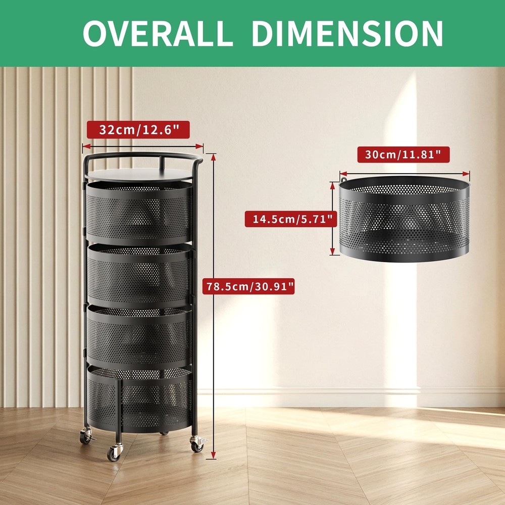 No Assembly Integrated Vegetable Storage Rack, 4-Tier Rotating Fruit Basket w...