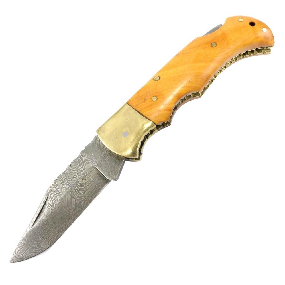 Genuine Damascus Lock Back Folder Wood Handle Knife Extensive Filework