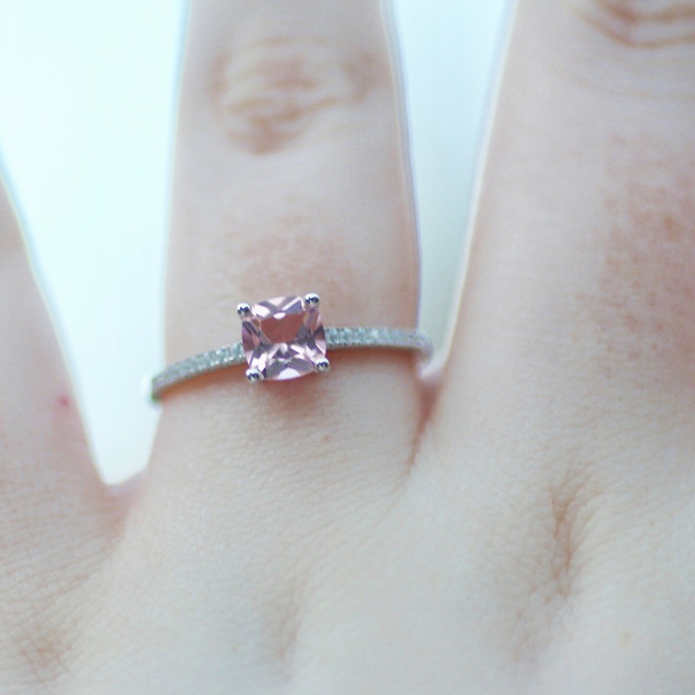 Lab Created Pink Morganite Ring Solid Sterling Silver 925 , May birthstone