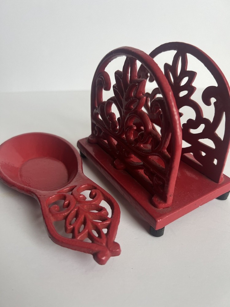 Red Enameled Solid Cast Iron Rounded Napkin Holder and Spoon Rest Set
