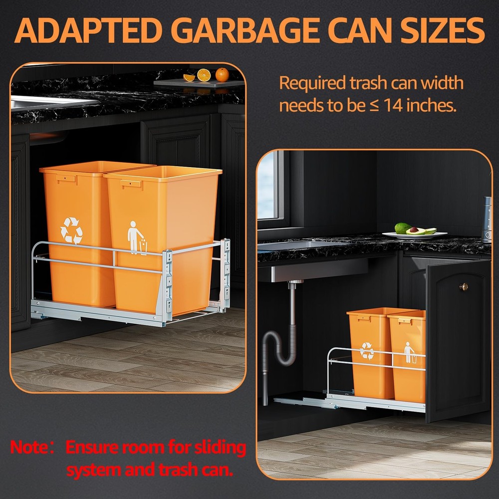 Double Pull Out Trash Can Under Cabinet with Door Double, Silver