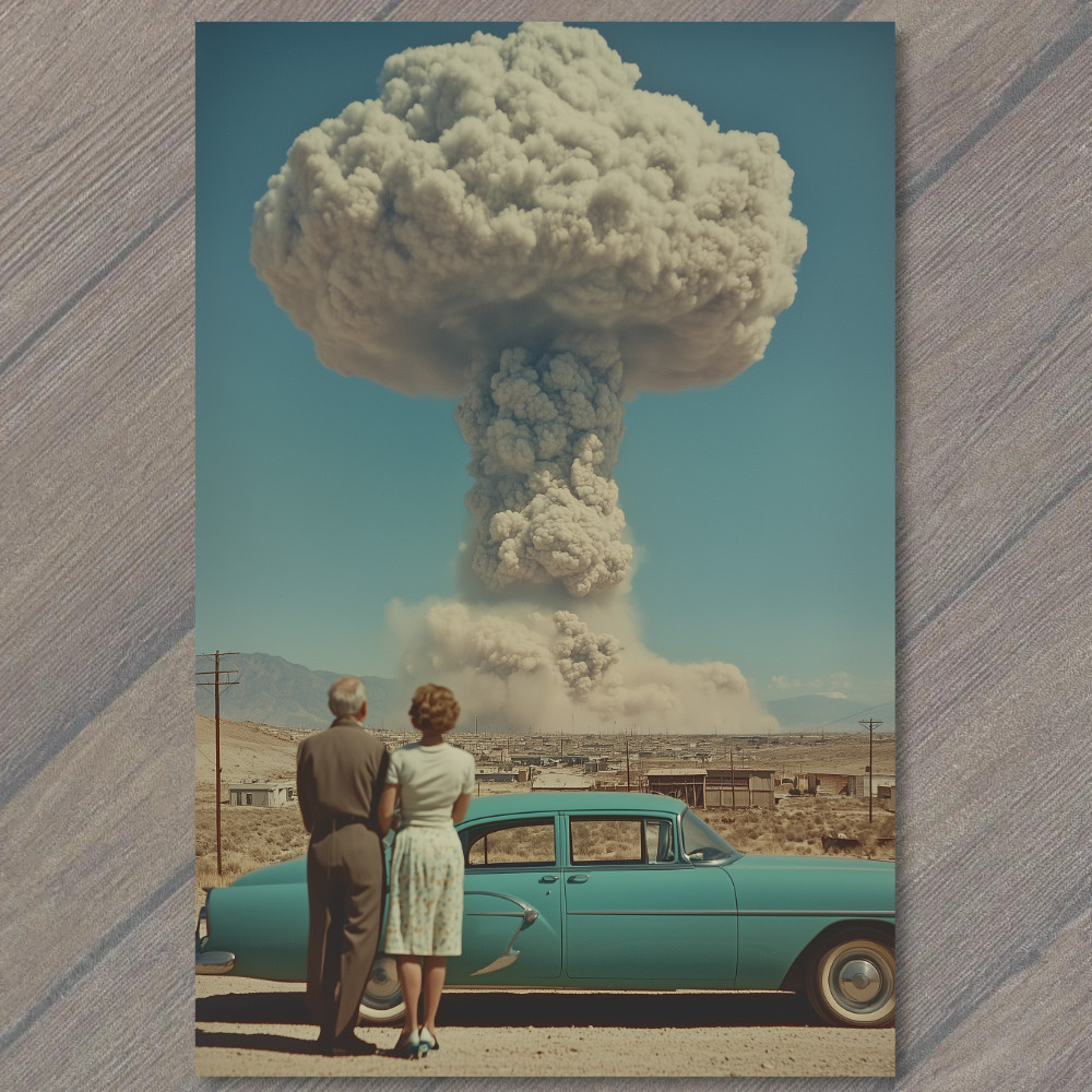 POSTCARD Desert Scene Car Atomic Nuclear Bomb Cloud Retro Style Couple Surreal