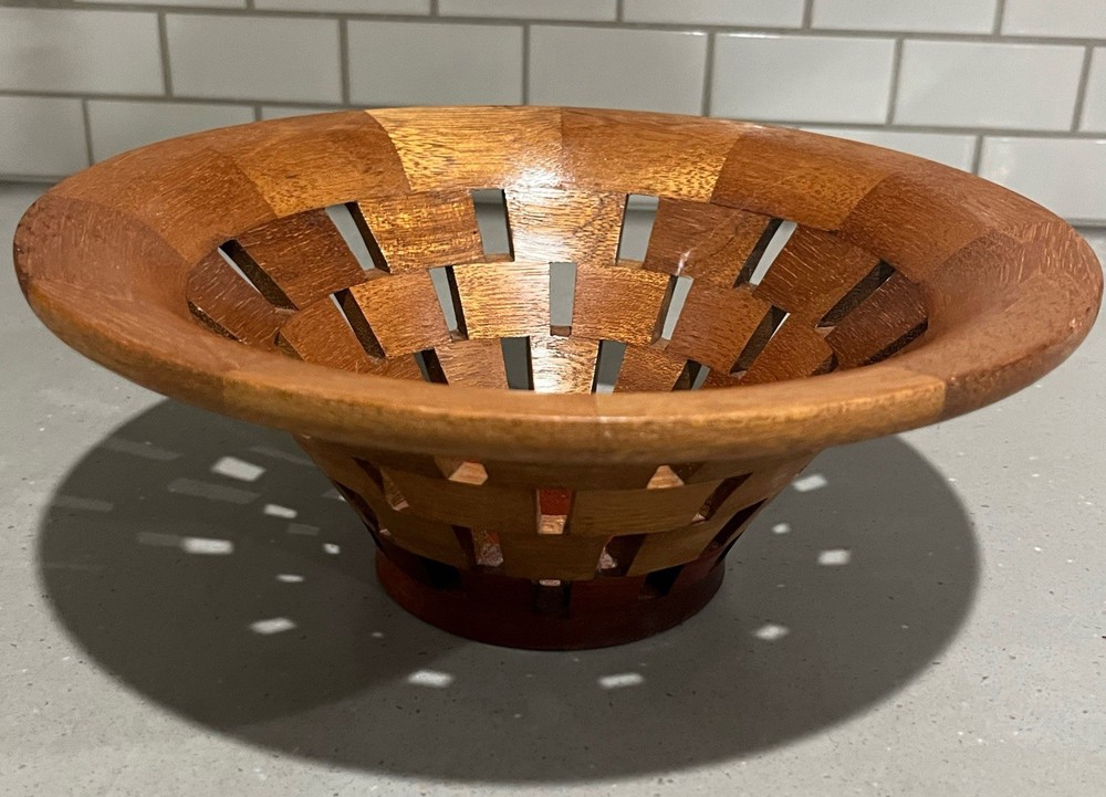 Vintage 10.5” Open Segmented Hand Crafted Wood Bowl Signed