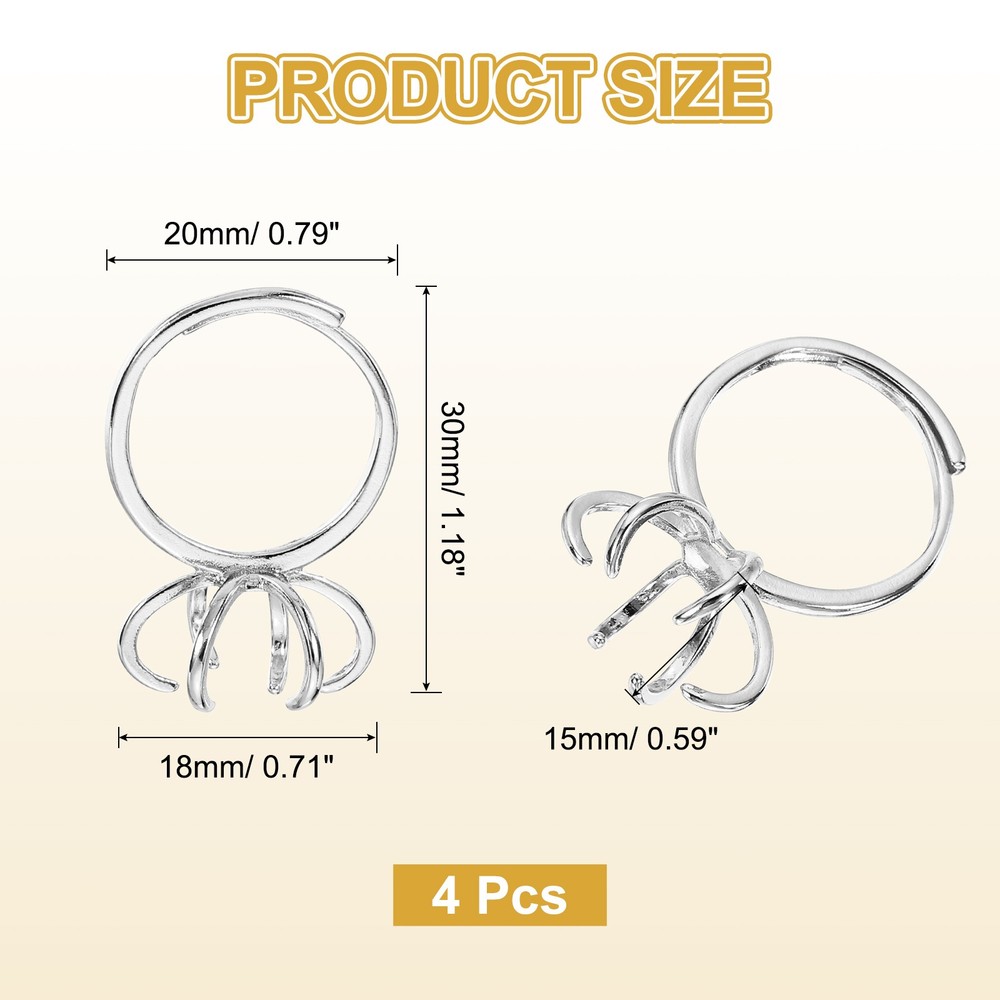 4Pcs Adjustable Prong Ring Settings for DIY Jewelry Making, Silver White