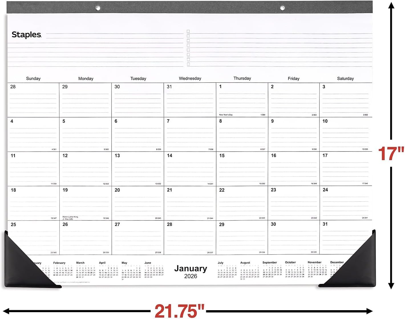2026 Monthly Desk Pad Calendar 21.75"x17" Large Planner White/Black ST12951-26