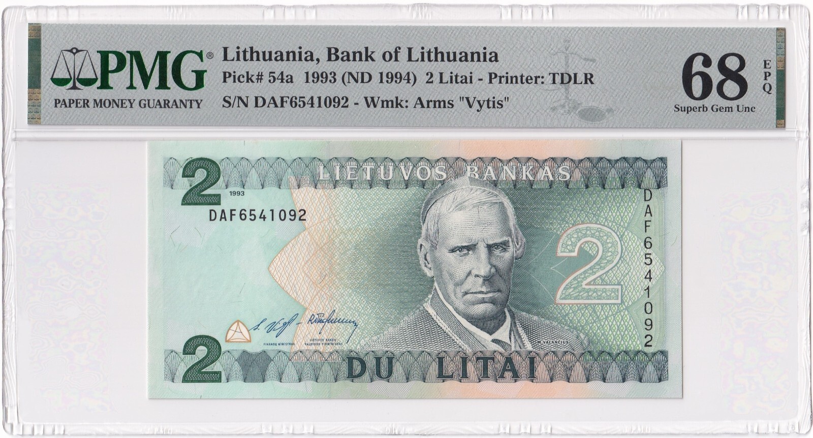 LITHUANIA-2 LITAI-1993 (ND 1994)-PICK 54a-#6541092 **PMG 68 EPQ SUPERB GEM UNC**