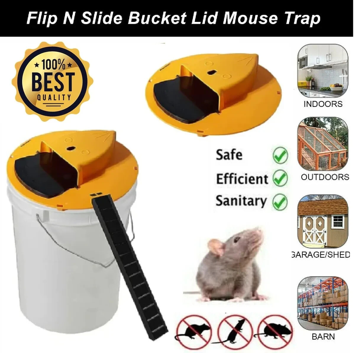HUMANE Mouse-Rat-Rodent Trap "Flip & Slide" 5 Gallon Bucket Lid Multi Catcher