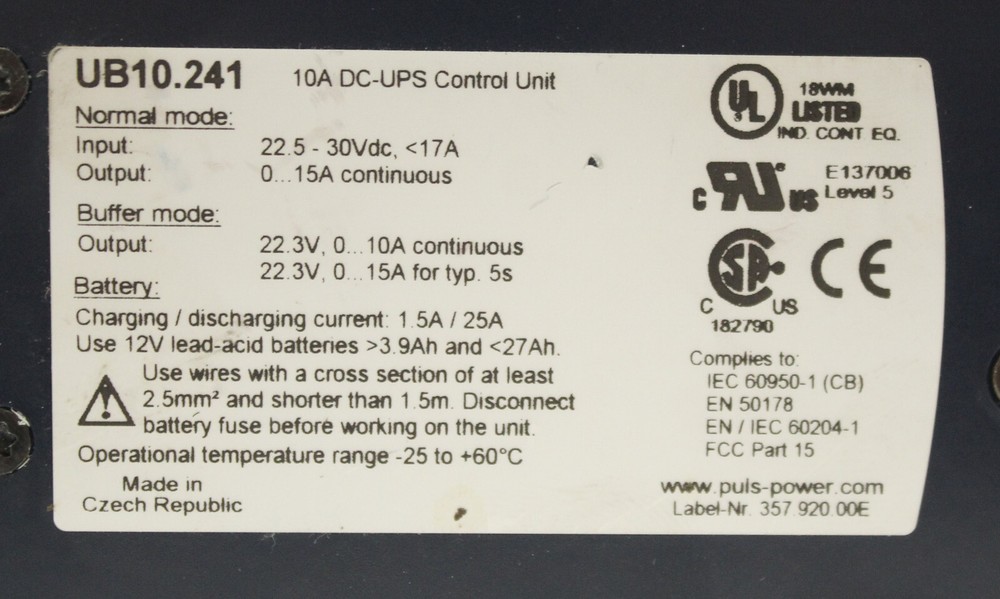 Puls UB10.241 DC UPS Controller 12V 10A 240W