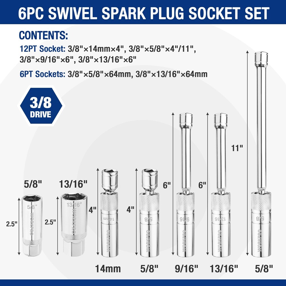 WORKPRO 7 PCS Magnetic Swivel Spark Plug Socket Set with 12 Points Magnetic Core