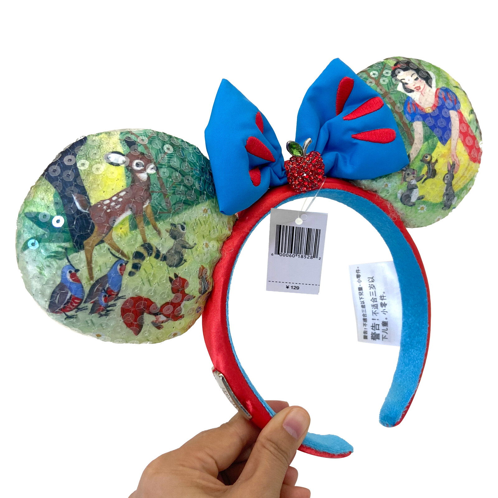 Disney~Parks 100 Decades Snow White Minnie Mouse Ears Blue Bow Apple Headband