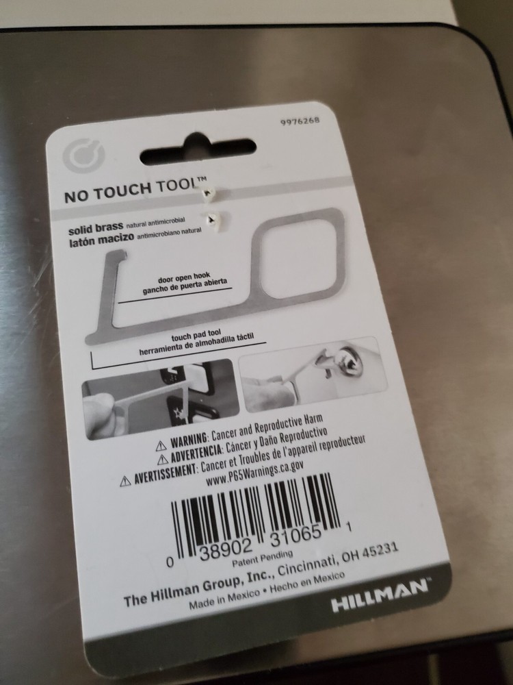 Minute Key No Touch Tool Solid Brass Anti-microbial By Hillman Door Open Hook 
