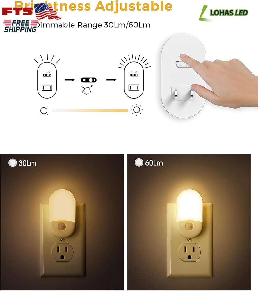 Motion Sensor Night Light Plug In Adjustable Brightness Warm White 2 Pack