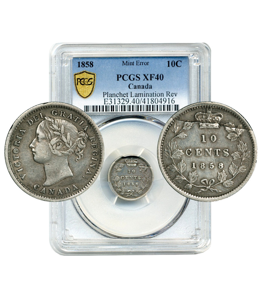 1858 Canada 10 Cents, MINT ERROR, Planchet Lamination Reverse - PCGS EF40