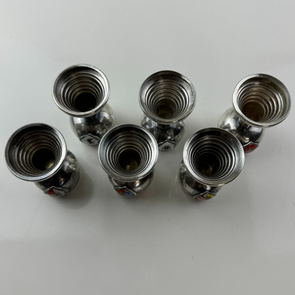 German Vintage Set Of 6 Mini Silverplate Goblets Enamel Cities States Cordials