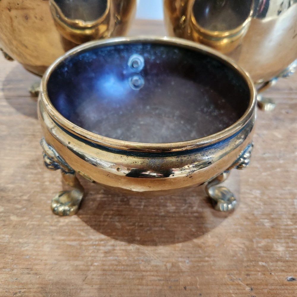 Antique Solid Brass Three Small/Medium Cache Pots on Styalised Liohead/Paw Feet