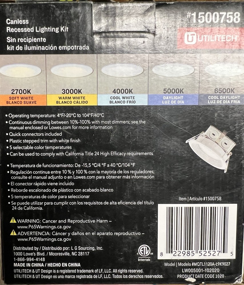 TWO (2) Utilitech Canless Recessed Lights #1500758 LED 2700k-6500k Adjustable