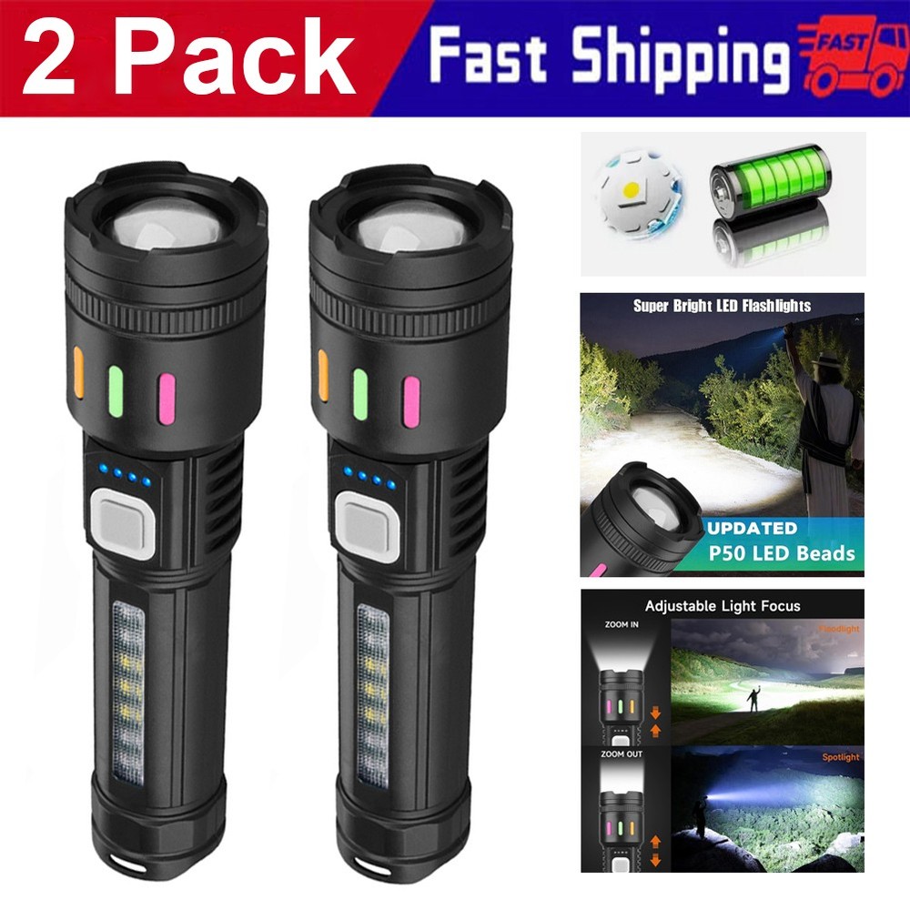 2 x 990000000Lumen Super Bright LED Flashlight Tactical Rechargeable Work Lights